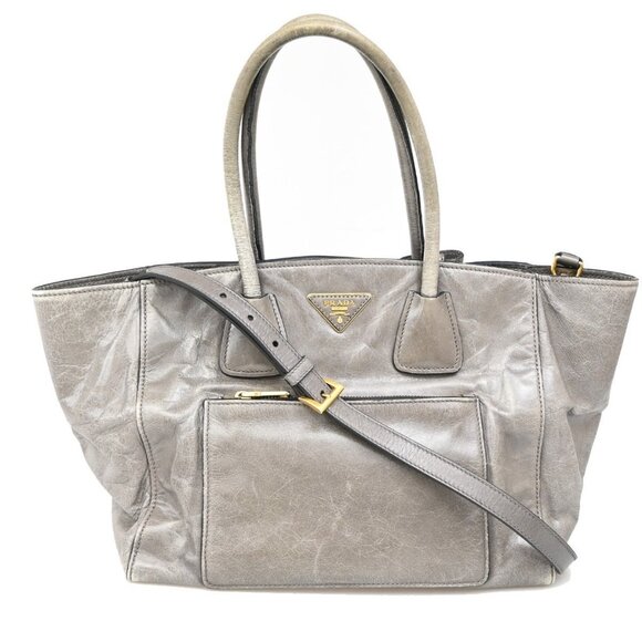 PRADA Logo 2 Way Shoulder Hand Bag Nylon Leather Gray GHW - Picture 1 of 16